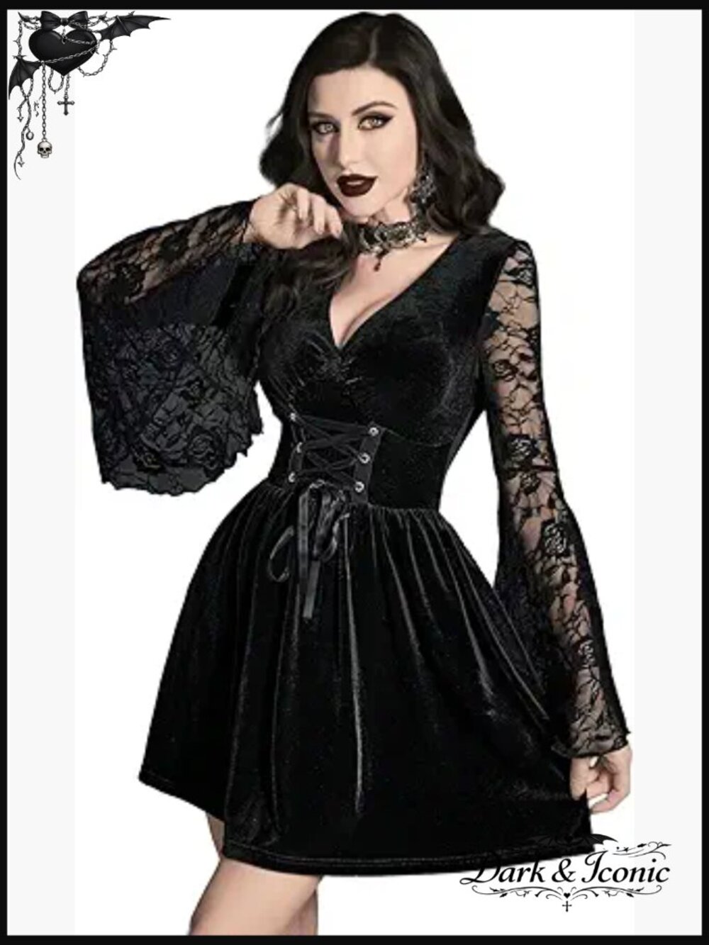 Sexy Velvet Lace Trim V-Neck High Waist Vintage Short Dress